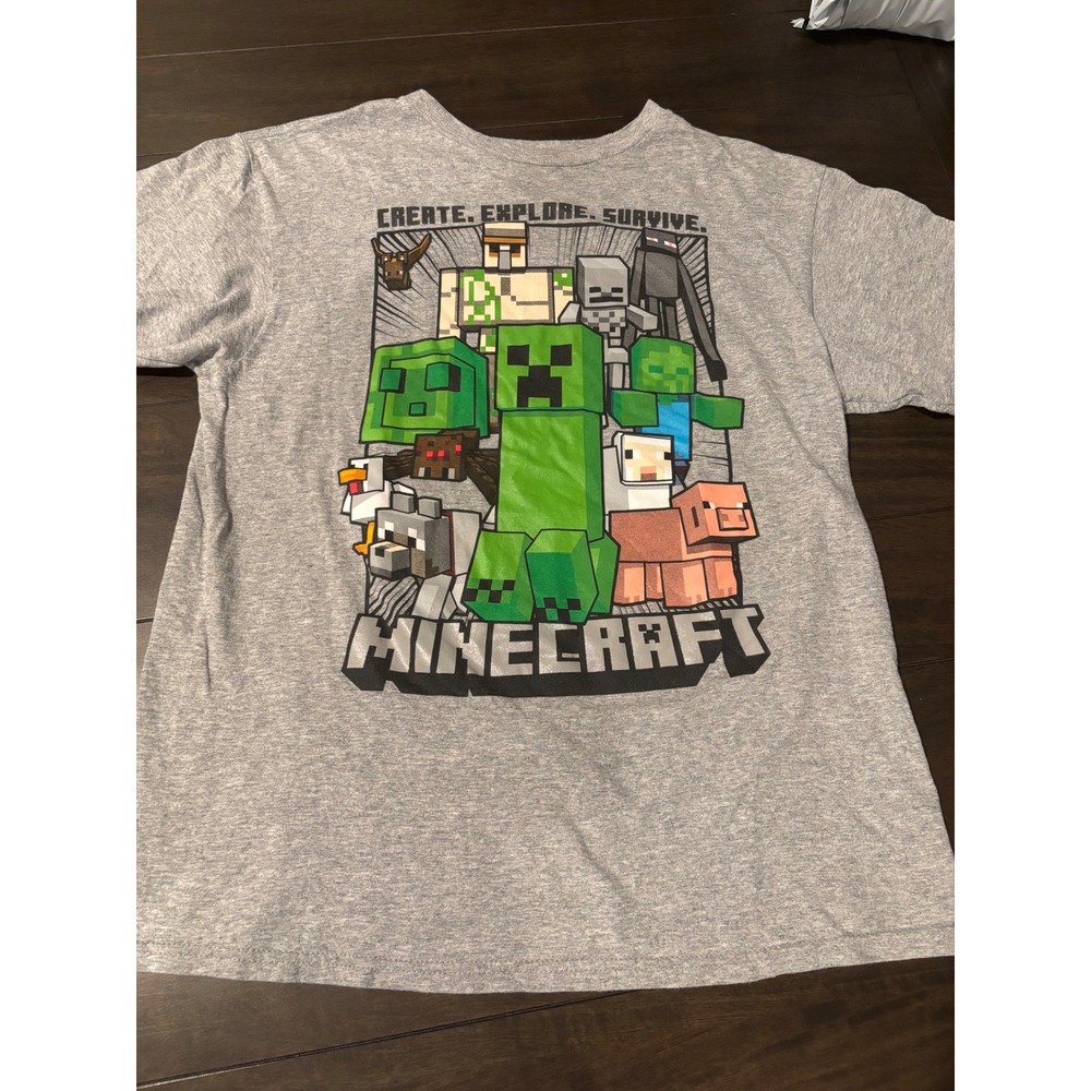 Minecraft Boys Graphic T-Shirt Gray Mad Engine Mojang Creepers Size L 14-16